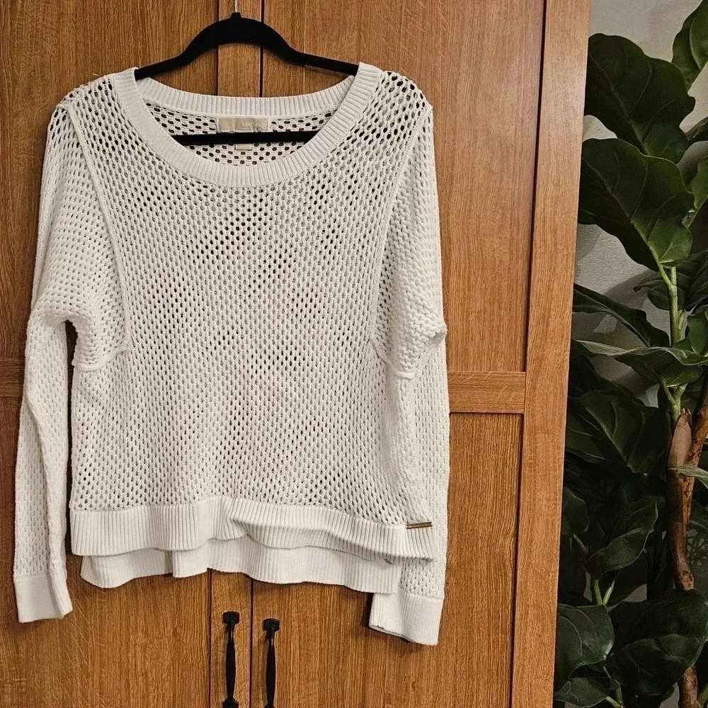 MICHAEL Michael Kors White Open-Knit Layered Hem Sweater